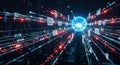 Digital data streams converging into a glowing blue sphere with floating binary code and abstract shapes in a futuristic tunnel Royalty Free Stock Photo