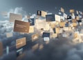 Digital data streams and floating information cards in a cloudy sky representing innovation and global connectivity Royalty Free Stock Photo