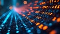 Digital data streams flow with binary code. Bright blue and orange lights create abstract network patterns. Technology and global Royalty Free Stock Photo