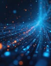 Digital data streams flow with blue, orange lights, resembling computer circuits, abstract particles. Networks connect in Royalty Free Stock Photo