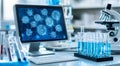 Digital data streams glow from a DNA sequencing machine in a sterile lab