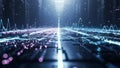 Digital data streams and glowing particles flow through a futuristic circuit board landscape Royalty Free Stock Photo