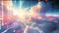 Digital data streams and network lines flow through an ethereal sky with glowing clouds and bright sunlight Royalty Free Stock Photo