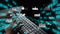 Digital Data Visualization and Analysis with Hands Typing on Keyboard Surrounded by Graphs, Charts, and Binary Code in Royalty Free Stock Photo