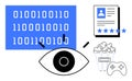 Digital Data Visualization with Binary Code, Eye Symbol, Profile Review, Popcorn, and Gaming Elements Royalty Free Stock Photo