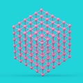 Digital Data Visualization Concept. Abstract Pink Wireframe Atom Mesh Cube in Duotone Style. 3d Rendering