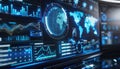 Digital data visualization with global maps and graphs in a technology control room Royalty Free Stock Photo