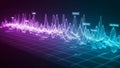 Digital data visualization with glowing purple and cyan sound wave graphs on a dark grid background Royalty Free Stock Photo