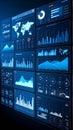 Digital data visualization interface with charts, graphs, and world map displays in blue Royalty Free Stock Photo