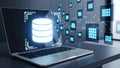 Digital Database Cloud Computing Network on Laptop Screen with Data Flow Background Royalty Free Stock Photo