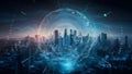 Digital Dawn: Quantum Cyber City. Concept Sci-Fi, Cyberpunk, Futuristic Technology, Virtual Royalty Free Stock Photo