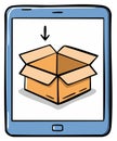 Digital delivery of an open cardboard box shown on a tablet screen with a download arrow Royalty Free Stock Photo