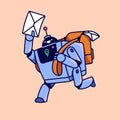Digital delivery service. Communication by email. Robot postman, machine courier running, hold letter in hand. Messenger