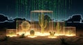 Digital Desert Cacti and Succulents in Glass Cubes with Binary Code Rain Royalty Free Stock Photo