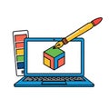 Digital design and creation tools laptop stylus color palette and 3d cube concept Royalty Free Stock Photo
