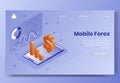 Digital isometric design concept scene of mobile forex app 3d icons.Isometric business finance symbols-infographics