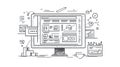 Doodle Computer Screen Displaying Web Design Elements and Graphics, Workspace Concept Royalty Free Stock Photo