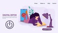 Digital detox banner concept for web and mobile sites a Girl is lying and reading a book under a table lamp switch off button flat