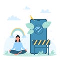 Digital detox, freedom from network addiction, tiny woman sitting in lotus yoga pose Royalty Free Stock Photo