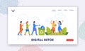 Digital Detox Landing Page Template. People Throw Out Phones Into Bin And Walk On Nature. Disconnecting From Technology