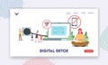 Digital Detox Landing Page Template. Tiny Characters Disconnect Laptop Plug, Exit Social Media Networks, Turn Off Gadget