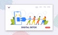 Digital Detox Landing Page Template. Tiny People Pull Plug Turning Off Giant Phone. Concept Of Disconnecting From Tech