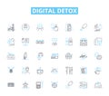 Digital detox linear icons set. Unplug, Disconnect, Reconnect, Mindfulness, Balance, Focus, Relaxation line vector and