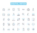 Digital detox linear icons set. Unplug, Disconnect, Reconnect, Mindfulness, Balance, Focus, Relaxation line vector and