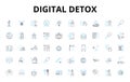 Digital detox linear icons set. Unplug, Disconnect, Reconnect, Mindfulness, Balance, Focus, Relaxation vector symbols