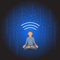 Digital detox and meditation. Meditating man protected from shower of information. Flat vector illustration. Royalty Free Stock Photo