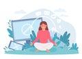 Digital detox. Woman in lotus pose meditate and take break from internet, phone and social networks. Disconnect offline
