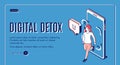 Digital detox woman step out mobile phone screen