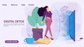 Digital detoxification banner concept for web and mobile sites a Woman is protected by an aura shield from a large amount of