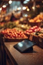 Digital Device Mockup with Glowing Screen in Grocery Store Setting Royalty Free Stock Photo