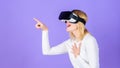 Digital device modern opportunity. Enthralling interaction virtual reality. Woman head mounted display violet background