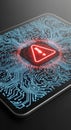 Digital device screen with glowing red warning symbol and blue electronic circuit board lines indicating a critical system error Royalty Free Stock Photo