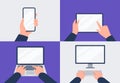 Set of modern digital devices in hands. Computer, laptop, tablet, and smartphone. Vector flat illustration. Royalty Free Stock Photo