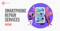 Digital Devices Maintenance Service Landing Page Template. Tiny Female Characters Repair Huge Smartphone Royalty Free Stock Photo