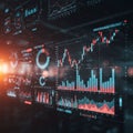 Digital display featuring multiple complex financial graphs and charts. The interface Royalty Free Stock Photo