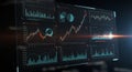 Digital display featuring multiple data analytics visualizations. Includes bar graphs, Royalty Free Stock Photo
