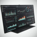 A digital display featuring multiple data visualization dashboards. The screen shows Royalty Free Stock Photo