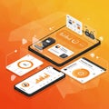 Digital display with floating UI elements showcasing a financial app interface. Royalty Free Stock Photo