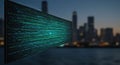 A digital display floats in the foreground, featuring lines of green code reminiscent of Royalty Free Stock Photo