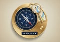 A digital display with a gold-framed circular compass on a beige Royalty Free Stock Photo