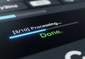 Digital display interface showing processing progress bar and the word done Royalty Free Stock Photo