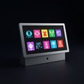 Digital display screen showcasing pixel art, including abstract characters
