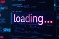 Digital display shows loading progress on computer screen with colorful graphics and code Royalty Free Stock Photo
