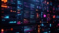 Digital display wall shows various data visualizations, code. Colorful glowing graphs, text highlight complex info. Modern Royalty Free Stock Photo