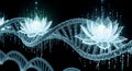 Digital DNA Helix with Glowing Lotus Flowers and Binary Code Data Royalty Free Stock Photo