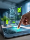 Digital document approval process with futuristic holographic interface Royalty Free Stock Photo
